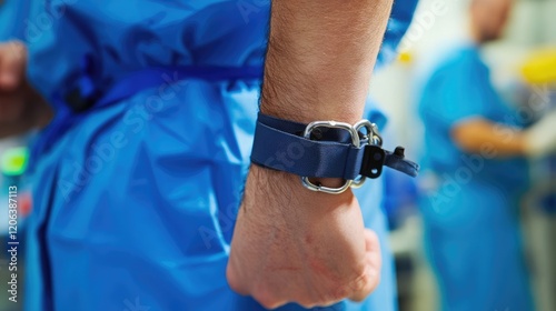 Closeup of a persons wrist wearing a blue surgical restraint