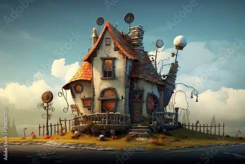 Whimsical crooked house with unusual architectural details, antennas, and chimneys standing on a hill under cloudy sky in a surreal landscape