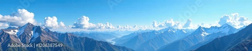 Majestic mountain ranges with blue sky and wispy white clouds above, blue, mountains