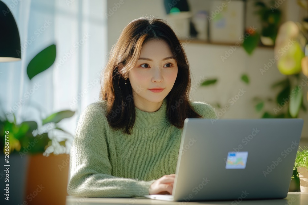 Young woman in green sweater works on laptop in sunlit room with plants.