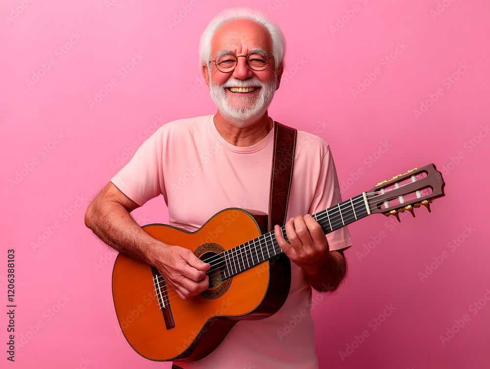 Obraz premium Cheerful elderly man playing an acoustic guitar, wearing a light pink shirt, standing against a vibrant pink background, joyful and musical moment captured