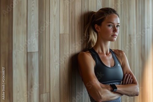 A young woman in a sports bra stands with arms crossed against a wood wall, looking thoughtfully away.