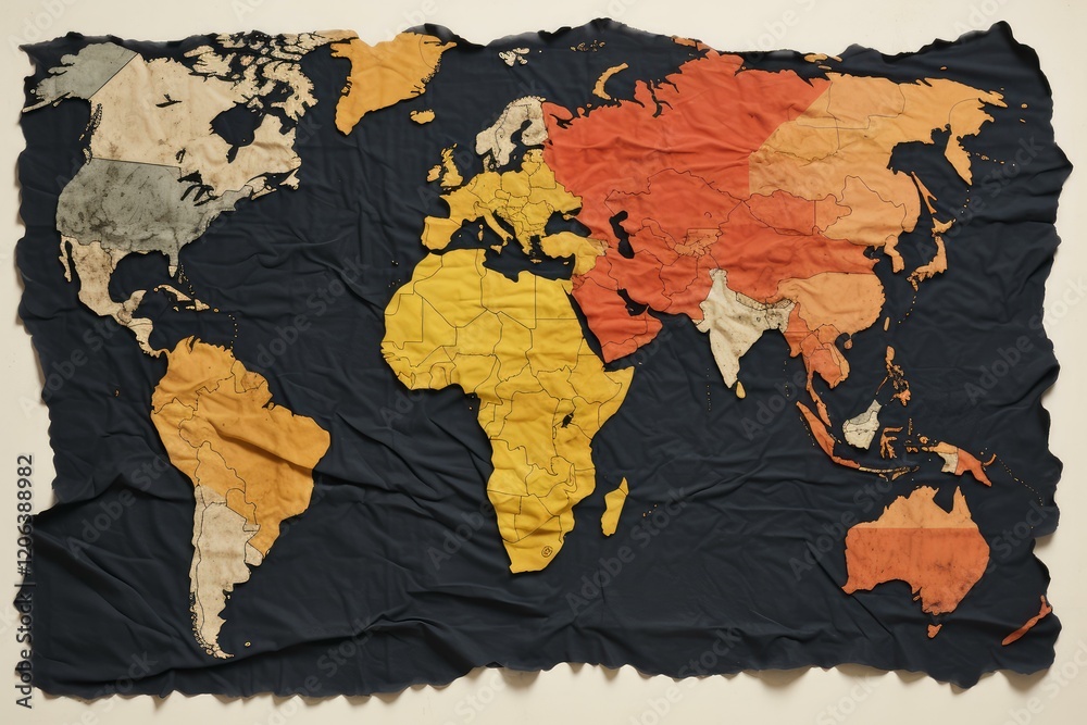 Fototapeta premium Colorful world map with all continents and countries on crumpled fabric, ideal for illustrating global concepts