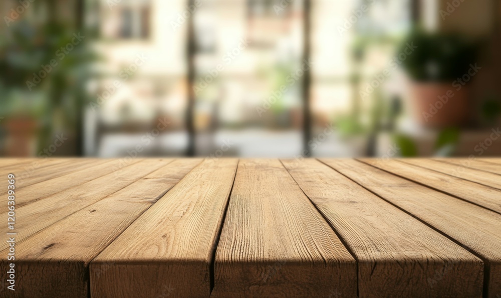 Empty wooden table top with blurred snow background from low angle Empty wooden table top with blurred snow background from low angle