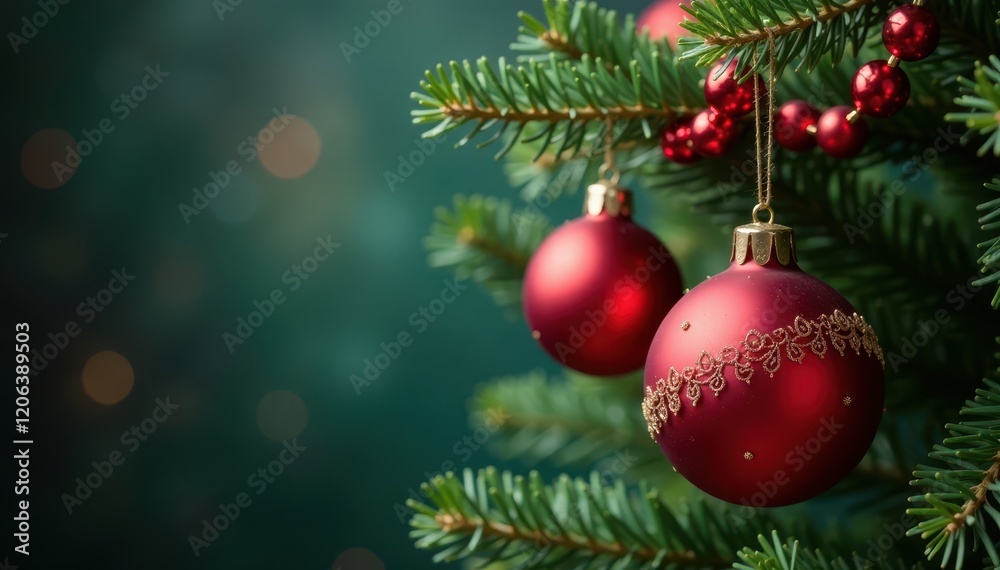 Red ornaments and beads hung from a Christmas tree branch, ornaments, balls Red ornaments and beads hung from a Christmas tree branch, ornaments, balls