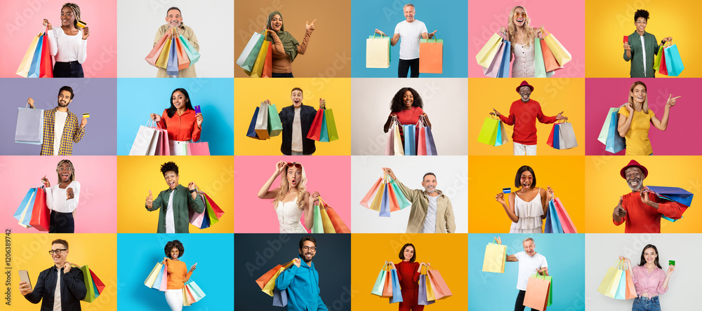 Fototapeta premium A diverse group of people showcase their shopping finds in a colorful collage, highlighting the excitement of Black Friday discounts and consumerism in a festive atmosphere.