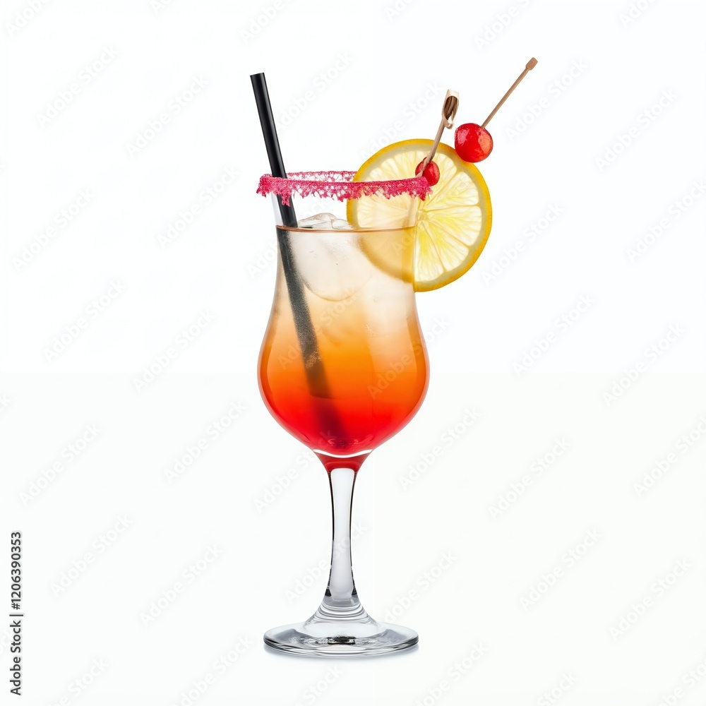 Alt: A colorful cocktail with a lemon slice and cherry garnish, isolated on a white background. Alt: A colorful cocktail with a lemon slice and cherry garnish, isolated on a white background.