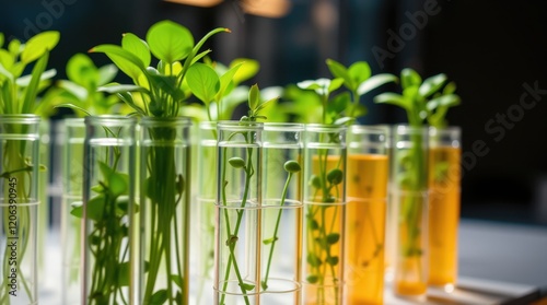 Young plants cultivated in test tubes, a close-up view showcasing vibrant green sprouts in a scientific setting. photo