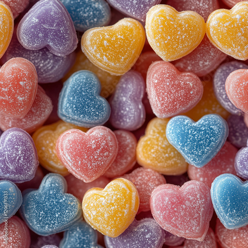 Glossy colorful candy hearts with vibrant and playful tones in a seamless pattern photo