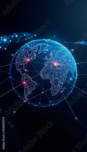 Global network connection covering the earth with lines of innovative perceptron, pixel art, with white tones photo