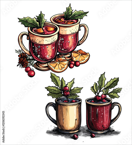 Festive Watercolor Christmas Mulled Red Wine Illustration