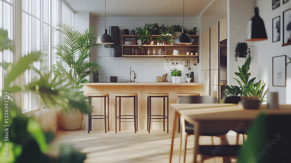 Sunlight streaming through large windows in a kitchen with a wooden dining area and greenery. Sunlight streaming through large windows in a kitchen with a wooden dining area and greenery.