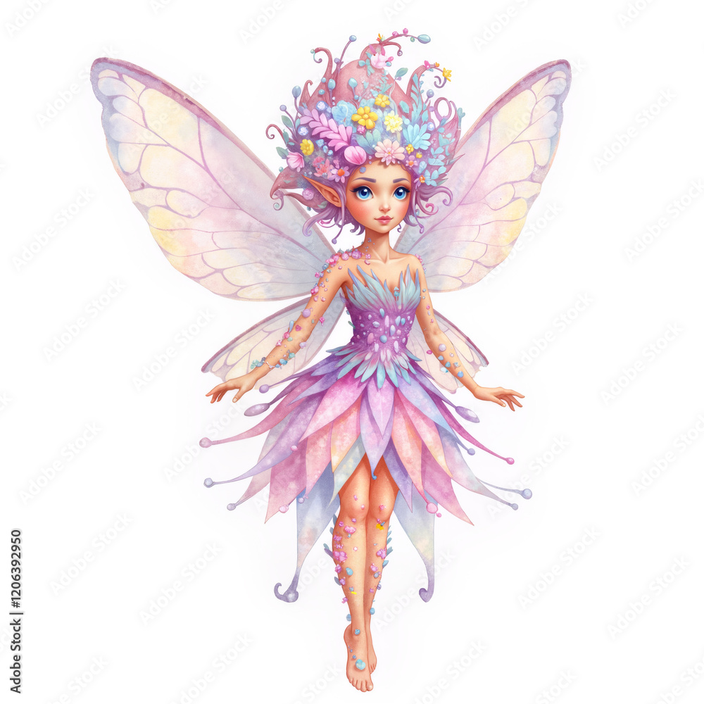 Fairy folk spring princess portrait with beautiful flowers in hair and delicate wings enjoying the day with a delightful friendly smile - isolated on white Fairy folk spring princess portrait with beautiful flowers in hair and delicate wings enjoying the day with a delightful friendly smile - isolated on white