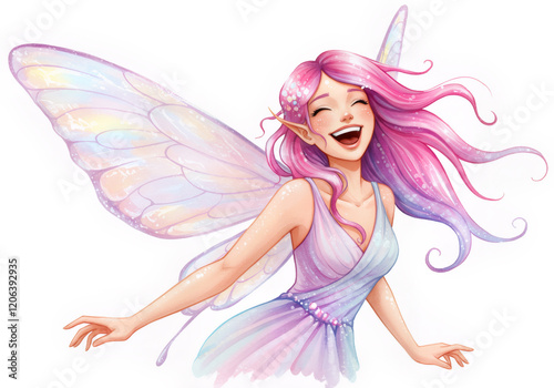 Fairy folk forest princess portrait with her beautiful flowing pink hair and delicate wings enjoying the day with a delightful friendly smile - isolated on white