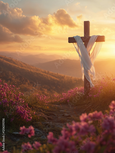 Easter cross draped with white cloth at sunrise, serene spring landscape with blooming flowers
