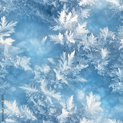 Icy branches with frosty details on a blue wintry background in a seamless pattern