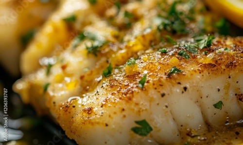 Extreme close-up image of breaded sole fish garnished with parsley and lemon
