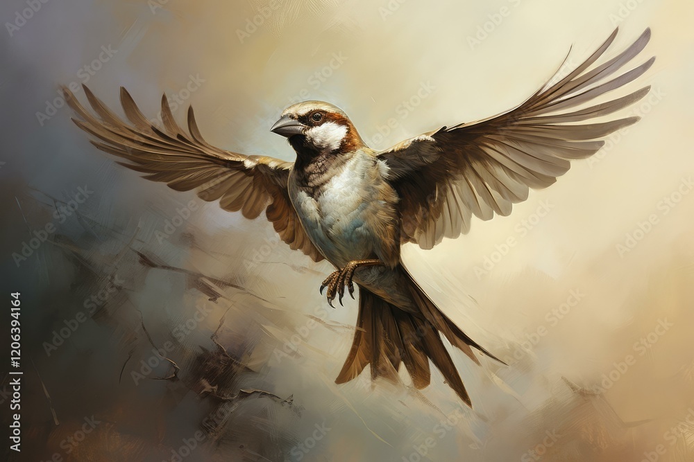 Obraz premium Painting of a beautiful house sparrow flying with wide open wings over an abstract background, conveying concepts of freedom, wildlife, and nature