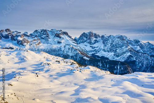 Ski resort Madonna di Campiglio.Panoramic landscape in the winter time of the Dolomite Alps in Madonna di Campiglio. Northern and Central Brenta mountain groups,Italy photo