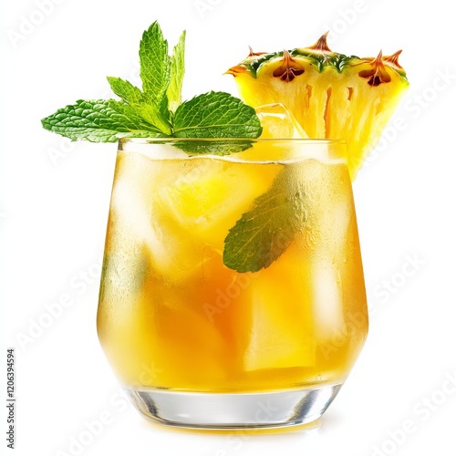 A golden rum punch with pineapple and mint, tropical and invigorating, isolated white background