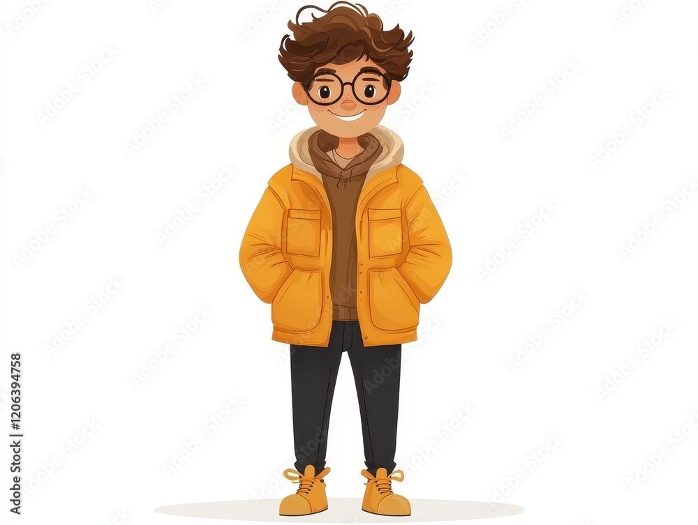 Obraz premium Illustration of a Cheerful Young Person in Bright Winter Clothing Standing Against a Minimalist Background with a White Backdrop