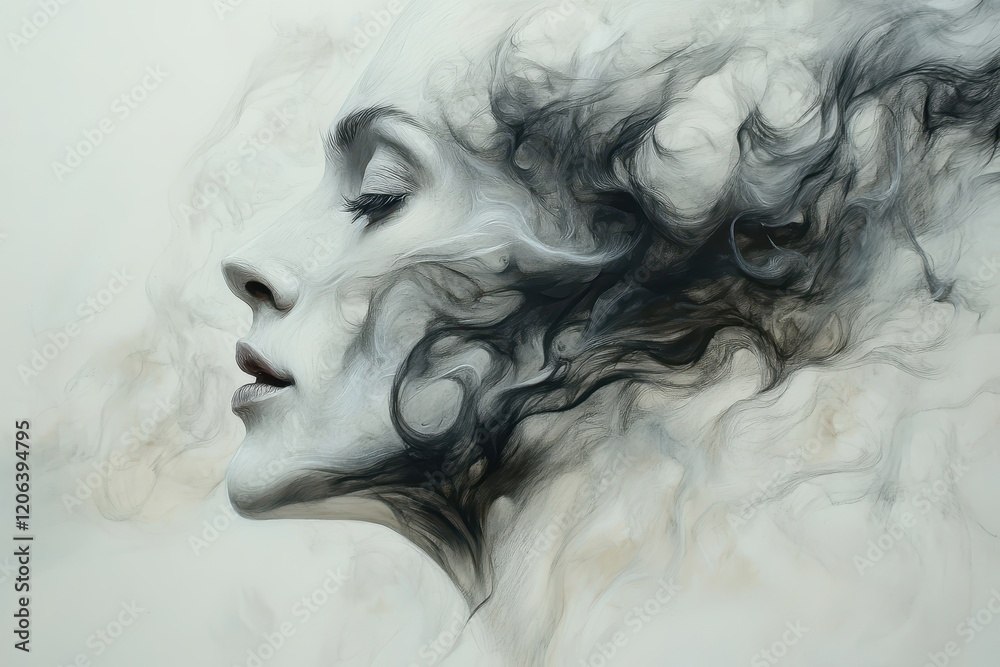 Surrealistic Smoke-Like Transformation of a Woman's Face Merging into a Whimsical Abstract Patterned Background in Fine Art Composition Surrealistic Smoke-Like Transformation of a Woman's Face Merging into a Whimsical Abstract Patterned Background in Fine Art Composition