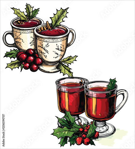 Festive Watercolor Christmas Mulled Red Wine Illustration