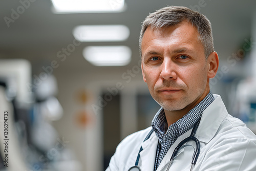 A middle-aged male doctor in a white coat
