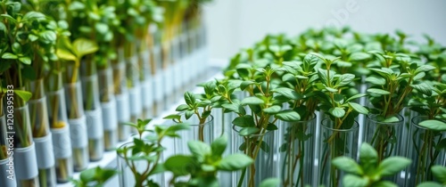 Young plants cultivated in test tubes, a laboratory setting showing rows of vibrant green seedlings. photo