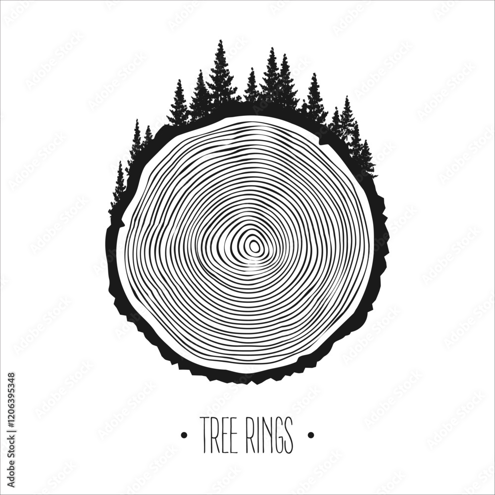 Round tree trunk cut with trees and forest. Sawn pine or oak slice, lumber. Saw cut timber, wood. Brown wooden texture with tree rings. Hand drawn sketch. Vector illustration