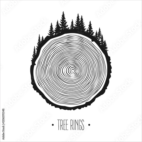 Round tree trunk cut with trees and forest. Sawn pine or oak slice, lumber. Saw cut timber, wood. Brown wooden texture with tree rings. Hand drawn sketch. Vector illustration