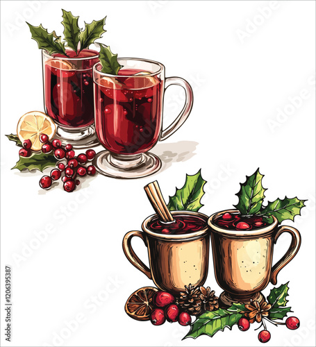 Festive Watercolor Christmas Mulled Red Wine Illustration