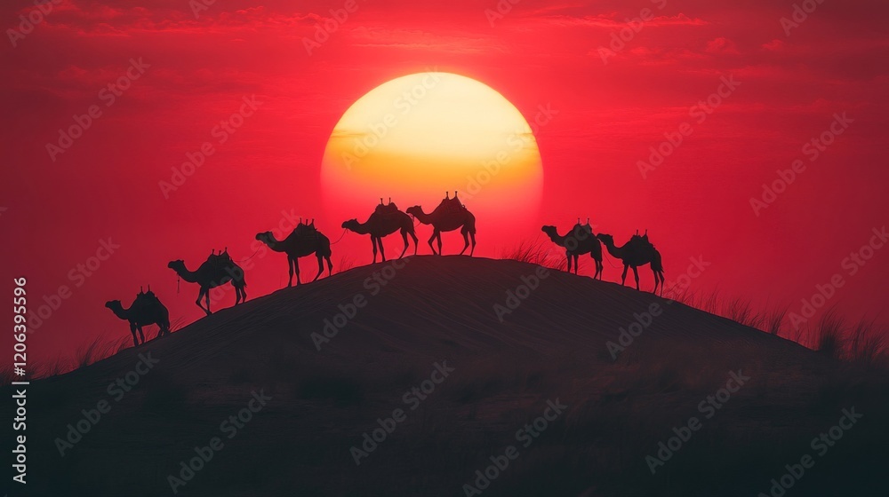 Fototapeta premium Caravan of Camels Silhouetted Against a Red Sunset