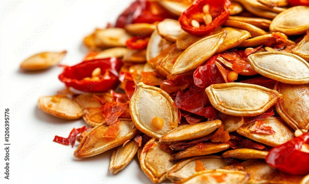 Extreme close-up of roasted pumpkin seeds with peppers isolated on white background, spicy
