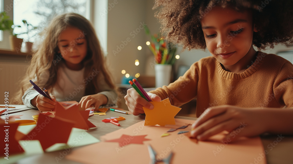 Fototapeta premium Creative Kids Crafting in Cozy Space with Colorful Supplies