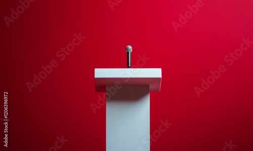 Extreme close-up white empty podium red background striking contrast presentations speeches