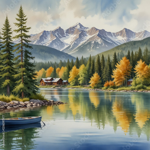 watercolor illustration of Whitefish, Montana, set in the Flathead Valley with the stunning backdrop of the Whitefish Mountain Range. photo