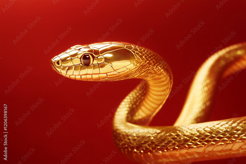 Fototapeta premium Gold snake on a red background for Chinese New Year concept