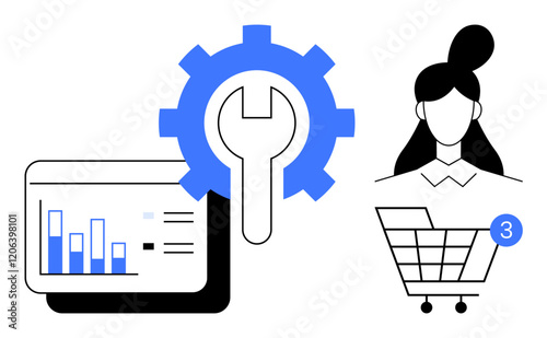 Bar graph analytics on dashboard next to wrench and gear icon, woman profile beside shopping cart with three notifications. Ideal for digital marketing, user engagement, e-commerce, online shopping