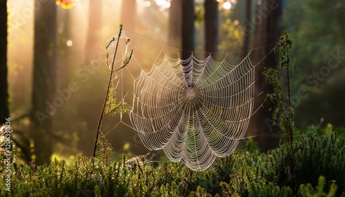 sunlit spiderweb glistening with dew in a mystical forest nature s ethereal beauty