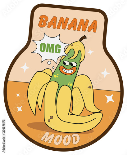 Omg, banana fruit. Smiling fruit. Funny banana poster, sticker.  Retro style. Vector illustration.