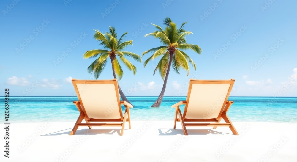Relaxing beach scene with two lounge chairs facing the ocean and palm trees. Relaxing beach scene with two lounge chairs facing the ocean and palm trees.