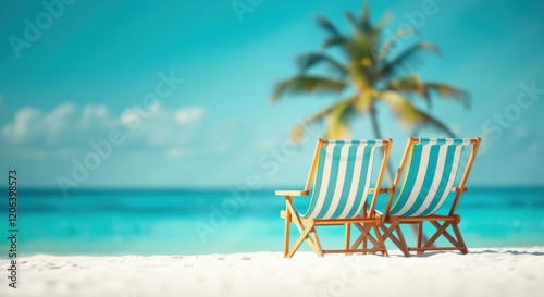 Fototapeta Naklejka Na Ścianę i Meble -  Relaxing beach chairs facing a tranquil ocean scene under a sunny sky.  Perfect for vacation dreams!