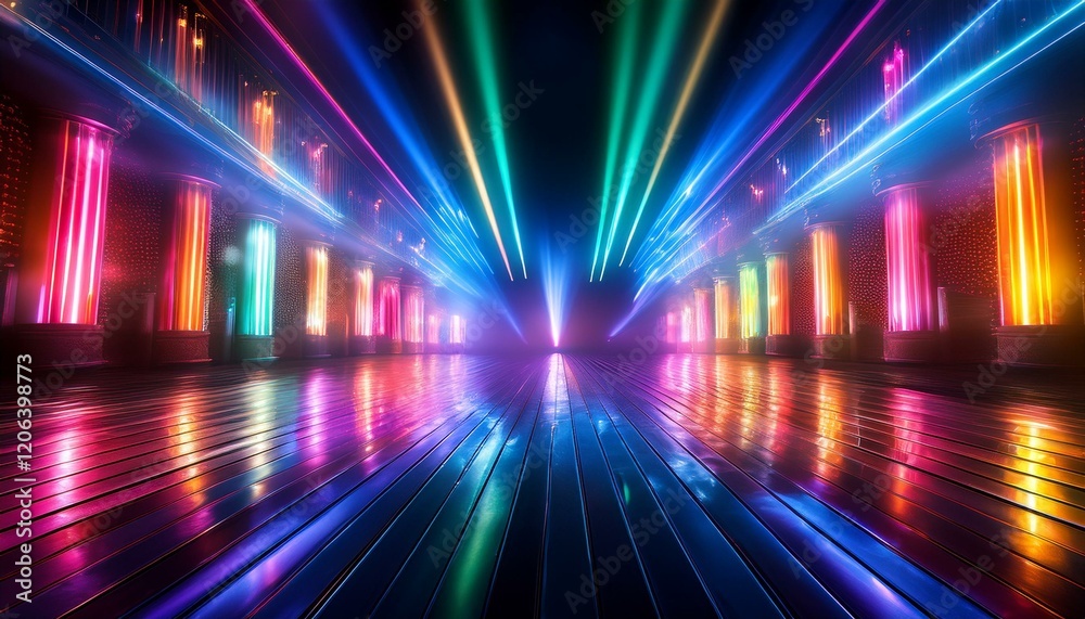 Fototapeta premium a vibrant scene showcasing a lit stage with colorful lights reflecting on a smooth surface creating an energetic atmosphere