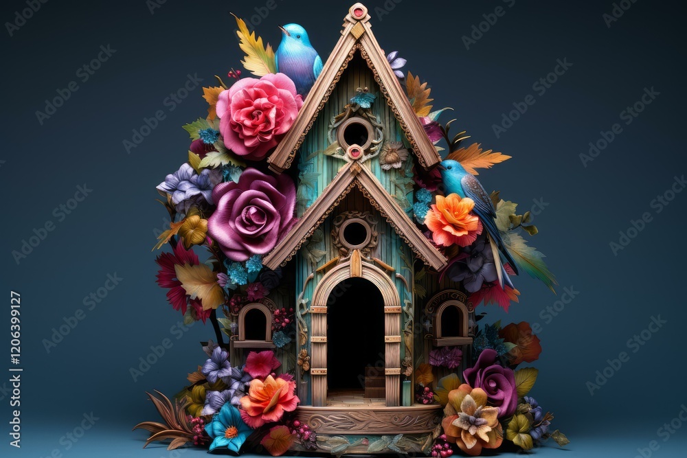 Obraz premium Colorful birdhouse decorated with flowers and two bluebirds perched on it, creating a charming and inviting scene