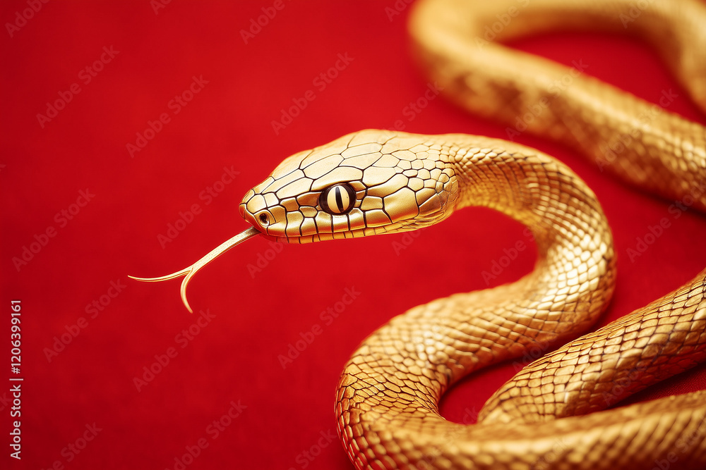 Fototapeta premium Gold snake on a red background for Chinese New Year concept