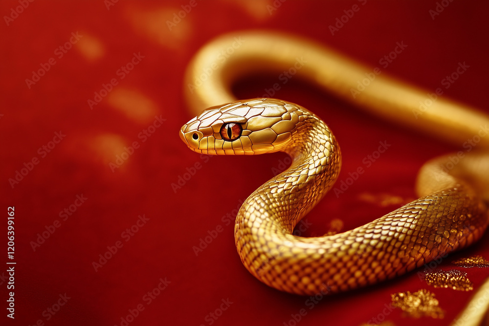 Fototapeta premium Gold snake on a red background for Chinese New Year concept