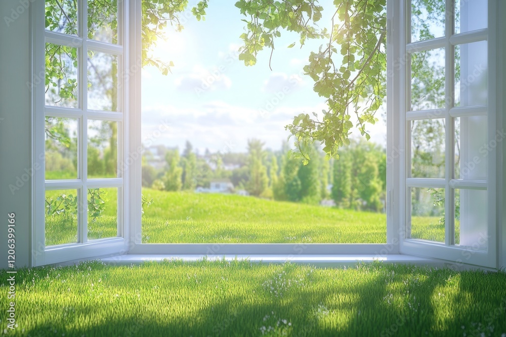 Tranquil outdoor scene through a white framed window  a harmony of nature and light
