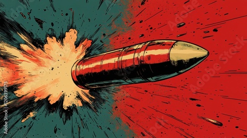 Dynamic depiction of a speeding bullet in an explosive abstract comic art style with vibrant red and blue collision background