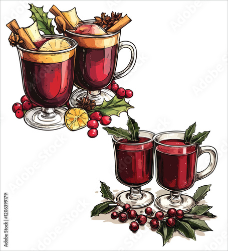 Festive Watercolor Christmas Mulled Red Wine Illustration